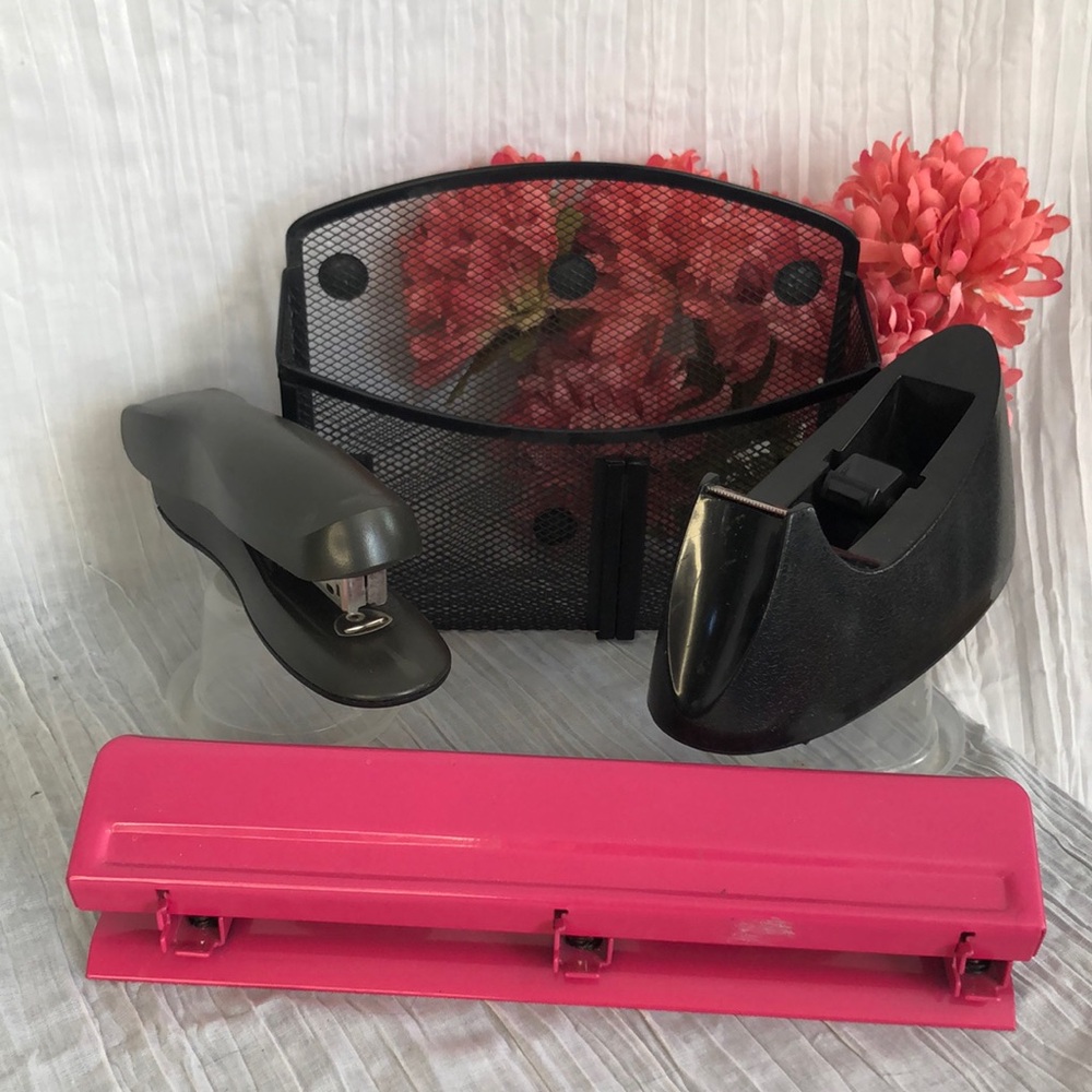 HOME OFFICE WORK DESK SUPPLIES pink hole punch stapler tape dispenser & storage